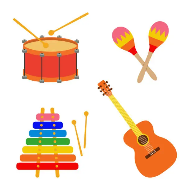 Vector illustration of Vector set of baby musical instruments drawn in cartoon style, musical instruments guitar, xylophone, maracas and drum