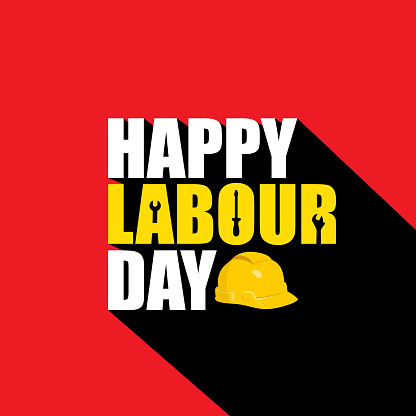 Happy Labour Day creative concept with bold text and Labour elements on red background. Safety helmet vector illustration. Labor Day poster, banner, flyer, wallpaper, social media template design