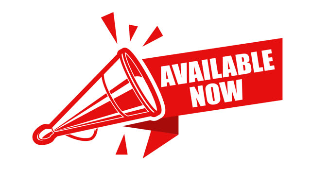 Available now, sale banner with vintage megaphone or loudspeaker, product product in stock availability, footage