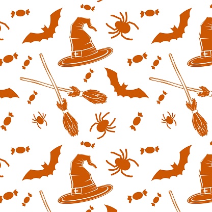 Halloween orange festive seamless pattern. Endless background with pumpkins, skulls, bats, spiders, ghosts, bones, candies, spider web