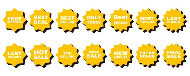Vector illustration of Collection of starbust badge label for sale promotion. Yellow and Black sticker set with text.