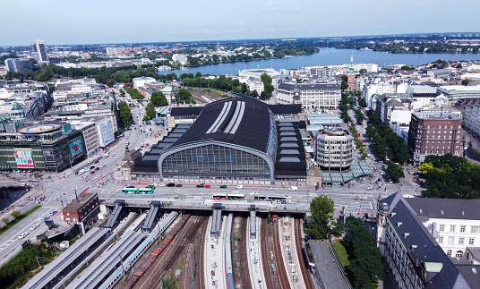 Drone point  on  Main Railroad station of hamburg (Nord) and  Aussenalster behind