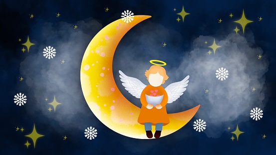 Enchanted fairy, With an aura of calm An angel sitting on a crescent moon Her wings gracefully surround her, She holds a cup full of heart and love, santa claus on the moon, Angel in heaven land