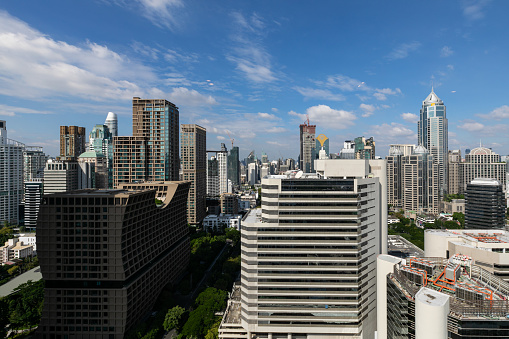 Bangkok, Thailand : NOVEMBER 24, 2021 : Cityscape of Wireless road-Ploenchit intersection in afternoon, accommodations, office building, condominiums and hotels in business & finance area, Cityscape Bangkok