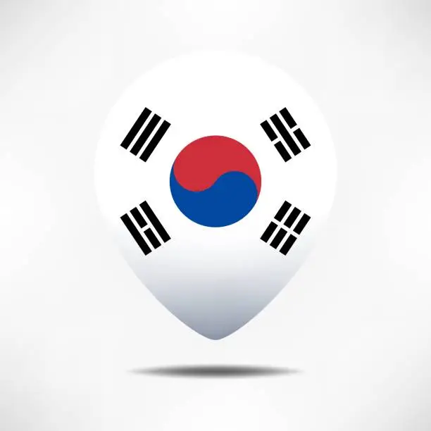 Vector illustration of South Korea map pointers flag with shadow. Pin flag