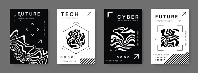 Techno posters. Cyberpunk liquid art, futuristic black and white shapes, abstract wiggly flyers. Wall art and vertical banner template. Monochrome silhouettes, minimal digital design vector background