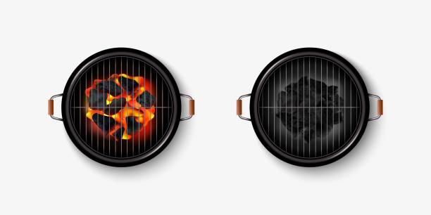 istock Grill top view. BBQ stove. Realistic barbecue brazier with coal and fire. Empty picnic oven. Outdoor meal cooking. Meat grilling. Metal grid. Hot round object. Vector 3D illustration 2147587843