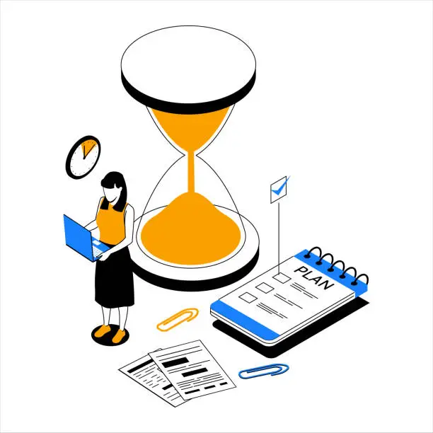 Vector illustration of Time management. People organize productive work and effective task schedule. Hourglass and goals planner. Deadline clock. Office worker with laptop. Efficient workflow. Vector concept