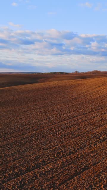 AERIAL Drone Shot Of Freshly Plowed Soil In Agriculture Field In Countryside Under Cloudy Sky