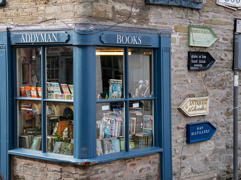 5th April 2024: The corner of a second hand bookshop in Hay-on-Wye, an historic market town in Powys, South Wales. It is famous for its many book shops, selling old and new books, as well as hosting a popular annual literary festival