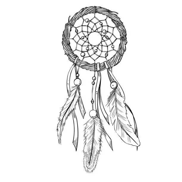 Vector illustration of Dreamcatcher vector illustration. Dream Catcher or hunter painted by black inks. Hand drawn sketch of vintage sleep amulet with feathers. Drawing in boho style for greeting cards and prints