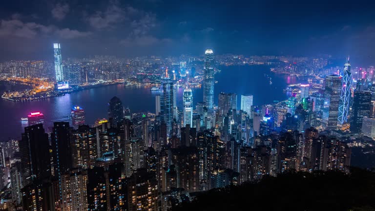 Time lapse peak of Hong kong view with cityscape in night wide shot