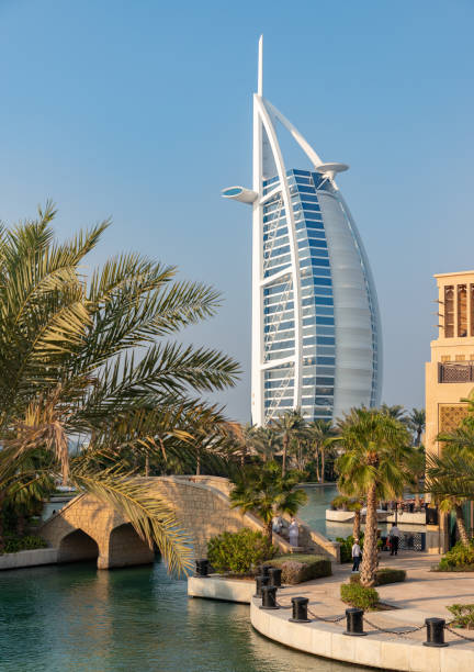 Dubai, United Arab Emirates - November 8, 2023: A picture of the Souk Madinat Jumeirah and the Burj Al Arab Hotel.