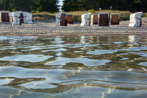 View of blurred beach chairs on the sandy beach from the water of the Baltic Sea, on Poel, Germany