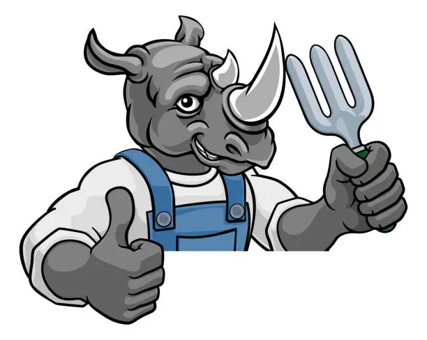 Vector illustration of Rhino Gardener Gardening Animal Mascot