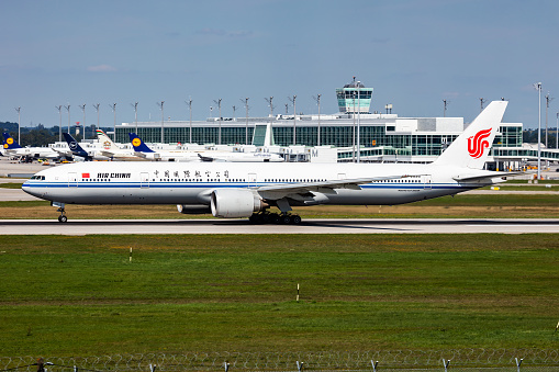 Munich, Germany - September 3, 2019: Air China passenger plane at airport. Schedule flight travel. Aviation and aircraft. Air transport. Global international transportation. Fly and flying.