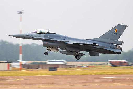 Belgian Air Force Lockheed F-16AM Fighting Falcon FA-129 fighter jet arrival and landing for RIAT Royal International Air Tattoo 2018 airshow