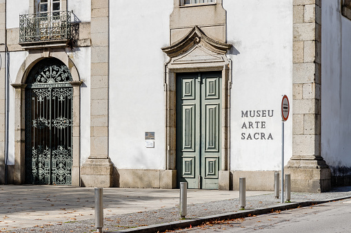 Vila Nova de Famalicao, Braga, Portugal - October 22, 2020: Architecture detail of the Museum of Sacred Art (museu arte sacra) in the historic city center on an autumn day