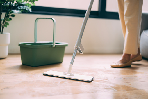 Close-up view of a modern mop cleaning a wooden floor with focus on cleanliness and home maintenance.
