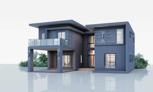istock Architecture 3d rendering illustration of modern minimal house on white background 2147597371
