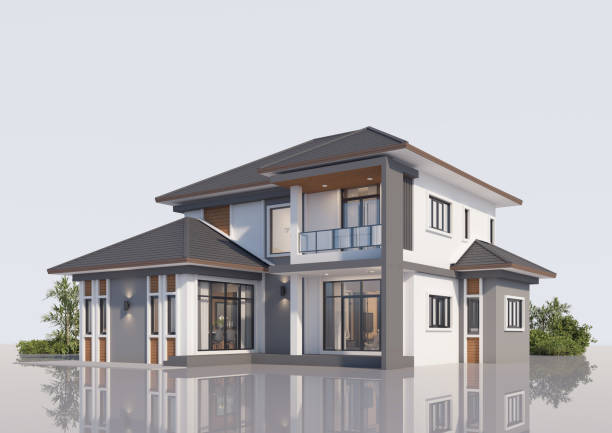 istock Architecture 3d rendering illustration of modern minimal house on white background 2147597373