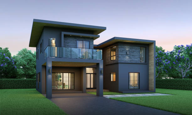 istock Modern house exterior evening view with lawn grass.3d rendering 2147597376