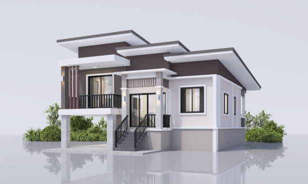 istock Architecture 3d rendering illustration of modern minimal house on white background 2147597389