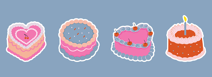 Set of cute cake stickers in retro style. The illustration is hand drawn. Concept birthday, party, wedding.