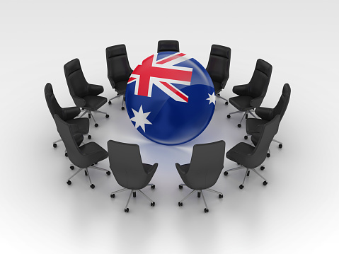 Australian Flag with Chairs - Gray Background - 3D Rendering