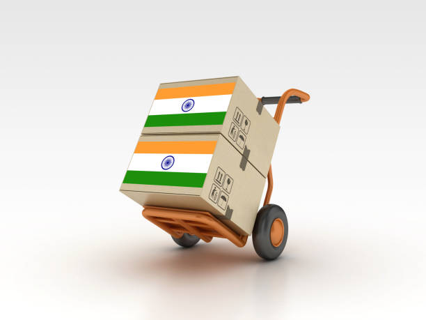 Indian Flag with Cardboard Boxes on Hand Truck - Gray Background - 3D Rendering