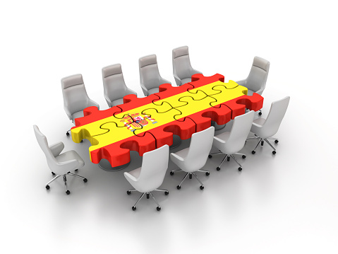 Spanish Flag with Puzzle and Chairs - White Background - 3D Rendering
