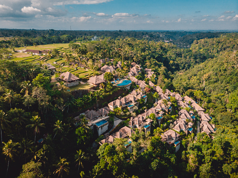 Aerial view of luxury hotel with straw roof villas and pools in tropical jungle. Luxurious villa, pavilion in forest, Ubud, Bali.