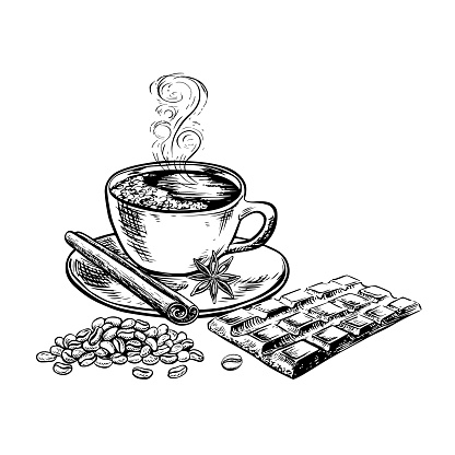 A cup of coffee with a chocolate bar with cinnamon and an anise star. The vector black and white illustration is hand-drawn on a white background. For printing, menus, postcards and packages