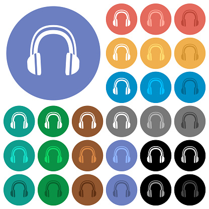 Headphones multi colored flat icons on round backgrounds. Included white, light and dark icon variations for hover and active status effects, and bonus shades.