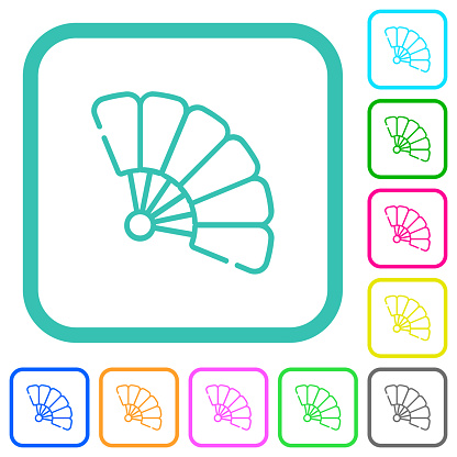 Folding hand fan outline vivid colored flat icons in curved borders on white background
