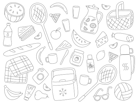 Big set outline vector elements for picnic, camping and hiking. Travel thermos with hot drink, Lemonade, picnic basket, blanket, badminton rackets, fruits and jar of strawberry jam. Set of linear objects isolated on white background