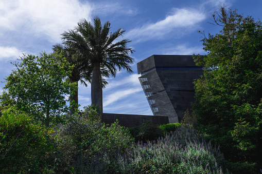San Francisco, CA, USA. March 30, 2024: The rooftop of the de Young Museum, with its tropical palm trees and lush greenery, basks under a vibrant blue sky.