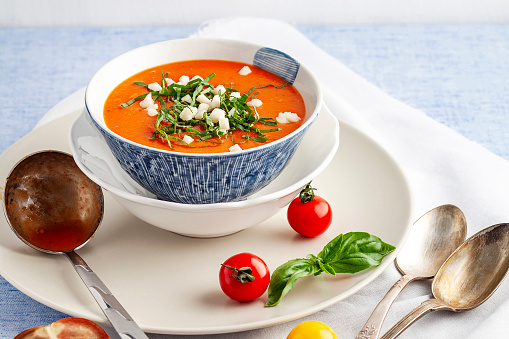 Studio Shot, Tomato Soup, Appetizer, Backgrounds, Bowl, Food and drink, Delicious, Crockery, Dinner, Soup, Gazpacho, Tomato, Cream - Dairy Product, Scoop net