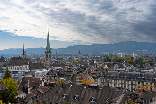 Zurich Old Town seen from Institute of Technology viewpoint, Switzerland. Uetliberg TV Tower in a distance
