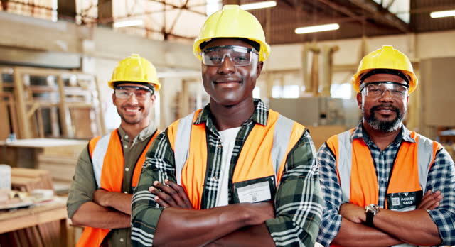 Portrait, leader and carpenter team in workshop, men with arms crossed for trade and confidence in workplace. Pride, carpentry career and professional service, artisan and partnership at factory