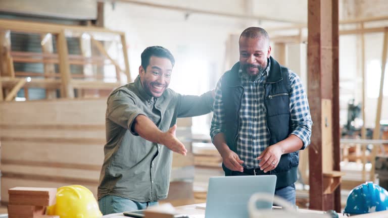 Carpenter, handshake and celebration for teamwork, building and startup collaboration. Handyman, workshop and partnership for manufacturing, deal or maintenance or renovation with lumber for project