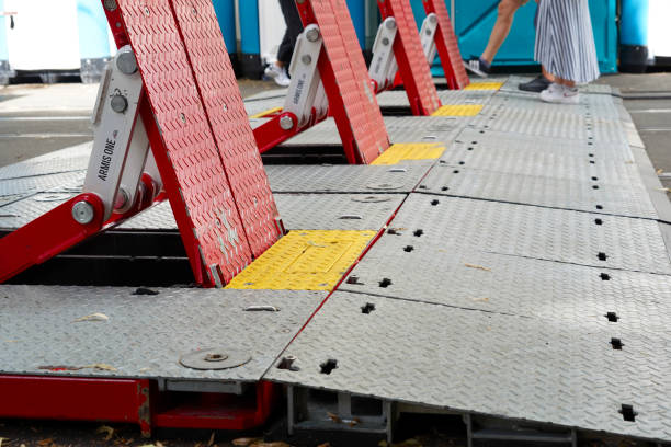Zurich, Switzerland - 07 08 2023, Red mobile vehicle barrier close up. The barrier elements protect festival visitors from terrorist attacks with vehicles as part of a  security plan.