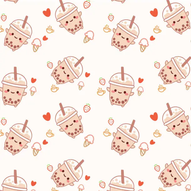 Vector illustration of Kawaii cute seamless pattern with boba bubble milk tea on white background.