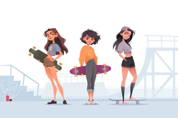 Vector illustration of Three girls at a skate park, holding skateboards