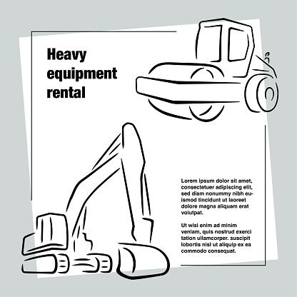 Advertising layout for rental of special equipment. Excavator and roller.