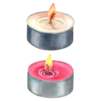 Mini-Sized Candles of white and pink paraffin wax complete with an aluminum base, cotton wick with candle's gentle glow. Hand drawn watercolor illustration on isolated background. For packaging design