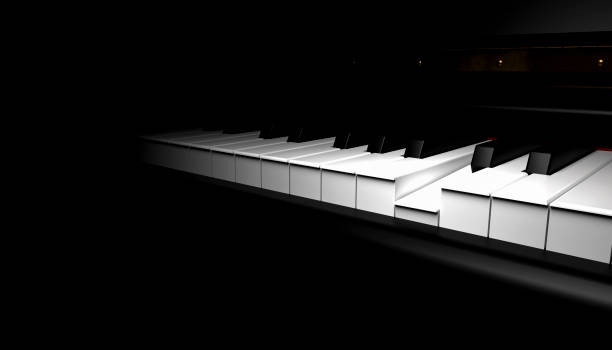 side view of the keys of a musical piano playing on a three-dimensional image rendered on a black background