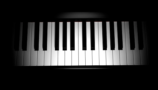 high angle view of a musical piano board in a three-dimensional image rendered on black background