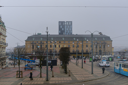 Gothenburg, Sweden - March 15 2020: View over Drottningtorget and Posthotellet.