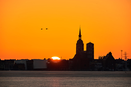 Hanse city Stralsund silhouette in the evening